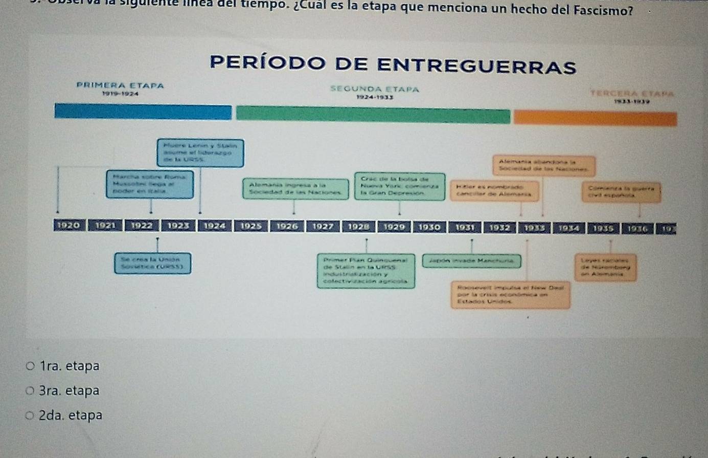 siguiente línea del tiempo. ¿Cuál es la etapa que menciona un hecho del Fascismo?
períODO DE ENTREGUERRAs
Priméña Etapa Séguñda etapa TErCEra Etapa
1919-1924 1924-1933
1833-1930
Mueré Lénín y Stalín
asume et lderargo Aleinanía abandona la
e la UR Ss Socieited de las Naciones
Márcha sotire Róra Chác de la boísa d
Mussotni lega el Alemánia ingresa à la Nueva Yark comienza Hitler es nombrado Comianca la querta
noder en ltala Sociedad de las Naciones la Gran Depresión canculer de Alemenia t epoño
1920 1921 1922 1923 1924 1925 1926 1927 1928 1929 1930 1931 1932 1933 1934 1935 1936 19
Se crea la Unión Pmer Pan Quincuenal Japón invade Mencturia Loyes racianes
Soviética (URSS) de Stalín en la Utss on Alemanía de Häsensng
indultriasización y
colectivización agricóla Roosevel imputos et New Diest
por la crisis económica en
Estados Unidos
1ra. etapa
3ra. etapa
2da. etapa