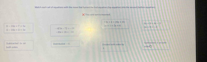 Match each set of equations with the move that turned the first equation (top equation) into the second (bottom equation)
This card sort is incorrect.
12x+4=20x+24
6x+9=4x-3
8-10x=7+5x
3x+1=5x+6
2x+9=-3
4-10x=3+5x
-4(5x-7)=-18
-20x+28=-18
Subtracted 4x on Distributed - 4.
both sides. Divided both sides by sides Subtracted 4 on both
4.