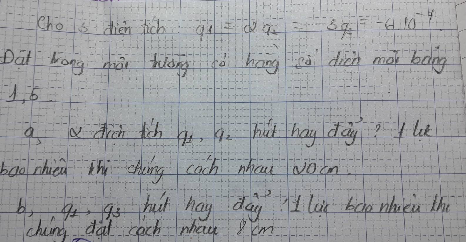 cho s dièn hich q_1=-2q_2=-5q_3=-6.10^(-7). 
Dà wong mài hiǒng ǒ háng eǒ diàn mài bāng
1. 5. 
g, a dien fich qi, q huǐ hag dàg? le 
bao nhieu thi chung cach nhou 0oon 
b, q_1, q_3 hut hag dag it lis bao whuea the 
china dai cach whac 8 cm