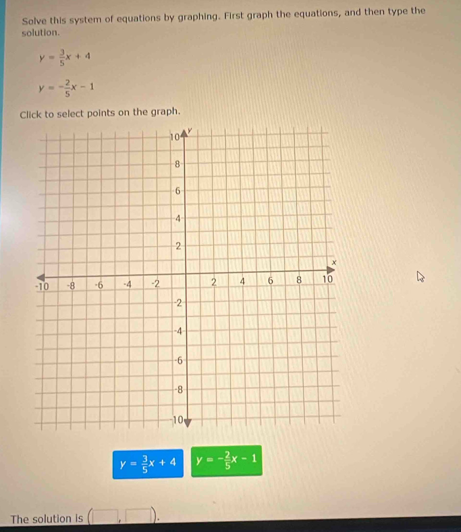 Solve this system of equations by graphing. First graph the equations, and then type the 
solution.
y= 3/5 x+4
y=- 2/5 x-1
Click to select points on the graph.
y= 3/5 x+4 y=- 2/5 x-1
The solution is (□ ,□ ).