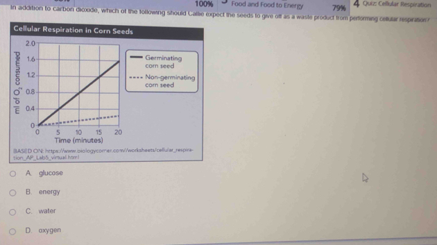 100% Food and Food to Energy 79% 4 Quiz: Cellular Respiration
In addition to carbon dioxide, which of the tollowing should Callie expect the seeds to give off as a waste product from performing cellular respiration?
A. glucose
B. energy
C. water
D. oxygen