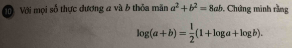 Với mọi số thực dương a và b thỏa mãn a^2+b^2=8ab. Chứng minh rằng
log (a+b)= 1/2 (1+log a+log b).