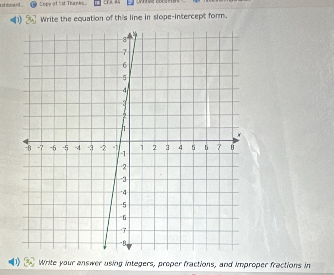 shboard . Copy of 1st Thanks... CFA 114 Untitied documen 
Write the equation of this line in slope-intercept form. 
Write your answer using integers, proper fractions, and improper fractions in