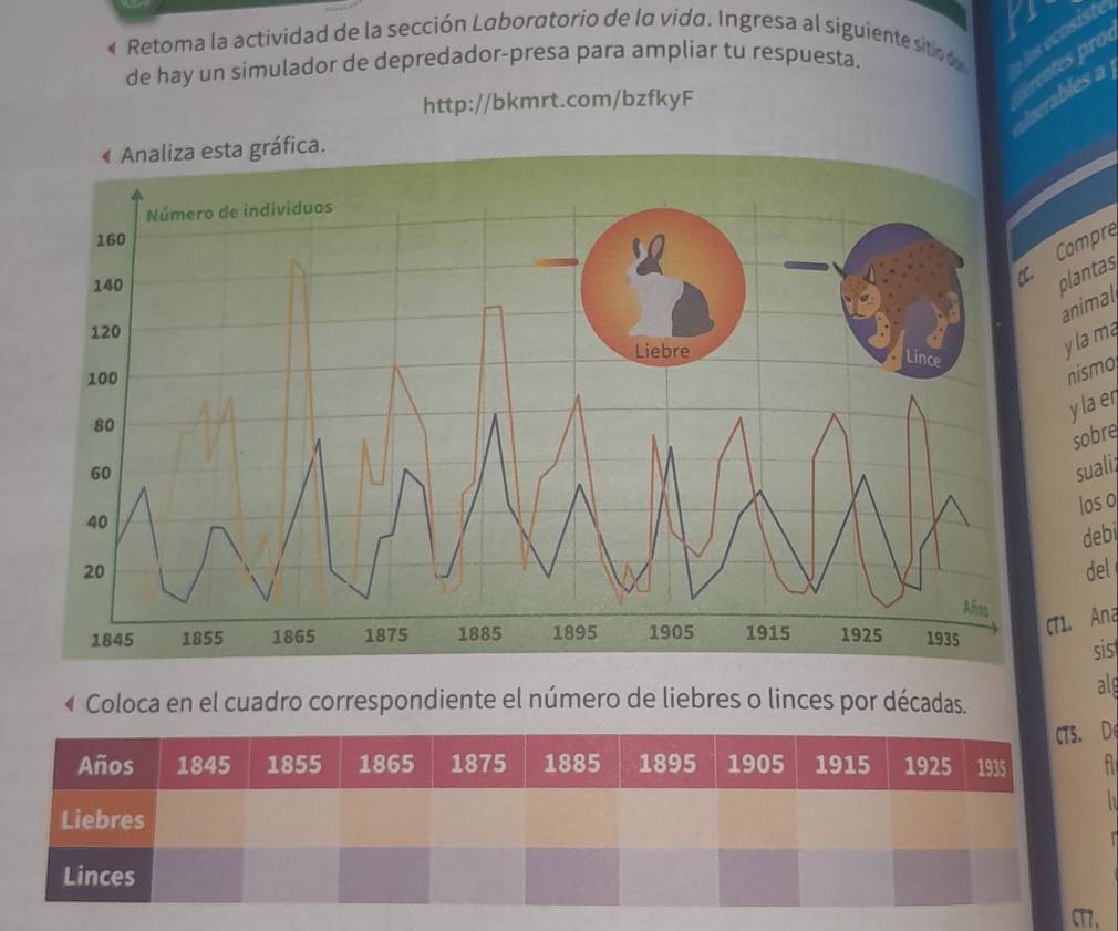 « Retoma la actividad de la sección Laboratorio de la vida. Ingresa al siguiente sitoo lsecosiste 
de hay un simulador de depredador-presa para ampliar tu respuesta. 
Inerables a rentes pro 
http://bkmrt.com/bzfkyF 
ompre 
plantas 
animal 
ylama 
nismo 
ylaer 
sobre 
suali 
los o 
debi 
del 
. Ana 
sis 
Coloca en el cuadro correspondiente el número de liebres o linces por décadas. 
al 
De