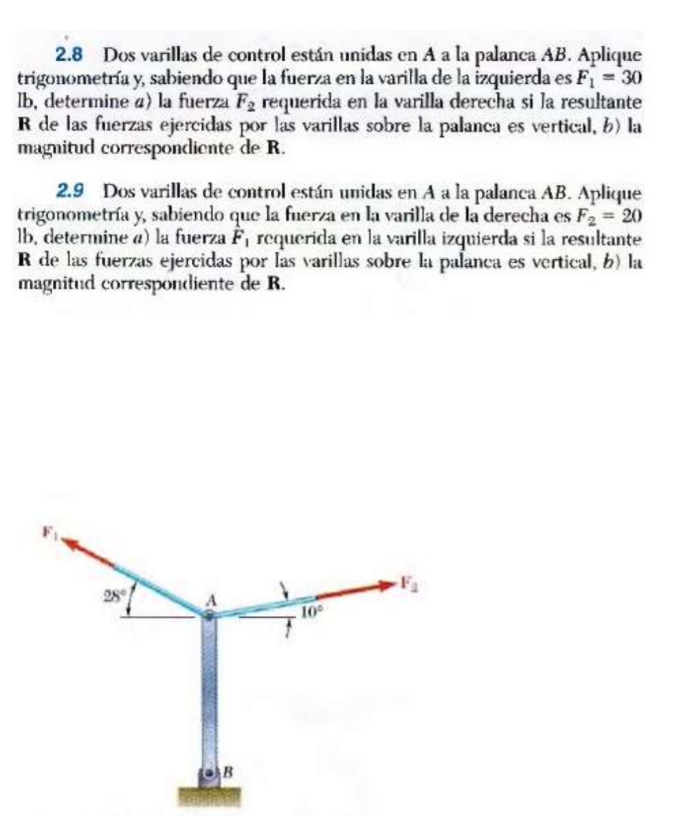 2.8 Dos varillas de control están unidas en A a la palanca AB. Aplique
trigonometría y, sabiendo que la fuerza en la varilla de la izquierda es F_1=30
Ib, determine a) la fuerza F_2 requerida en la varilla derecha si la resultante
R de las fuerzas ejercidas por las varillas sobre la palanca es vertical, b) la
magnitud correspondiente de R.
2.9 Dos varillas de control están unidas en A a la palanca AB. Aplique
trigonometría y, sabiendo que la fuerza en la varilla de la derecha es F_2=20
lb, determine a) la fuerza F_1 requerida en la varilla izquierda si la resultante
R de las fuerzas ejercidas por las varillas sobre la palanca es vertical, 6) la
magnitud correspondiente de R.