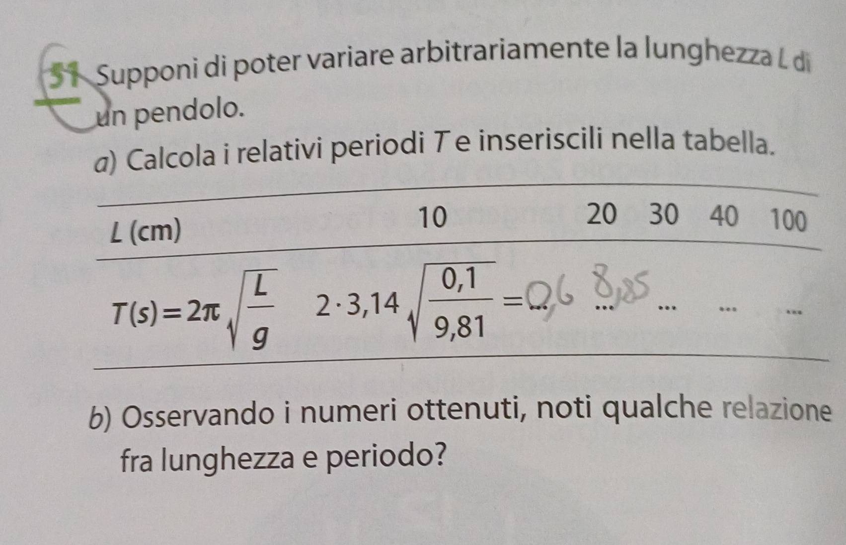 Supponi di poter variare arbitrariamente la lunghezza L d
un pendolo.
α) Calcola i relativi periodi Te inseriscili nella tabella.
b) Osservando i numeri ottenuti, noti qualche relazione
fra lunghezza e periodo?