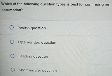 Solved: Which of the following question types is best for confirming an ...