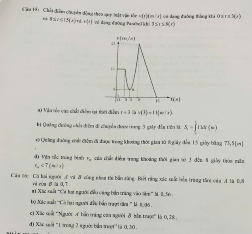 Chất điểm chuyển động theo quy luật vận tốc v(t)(m/s) có dạng đường thắng khi 0≤ t≤ 3(s)
và 8≤ t≤ 15(s) và v(t) có dạng đường Parabol khi 3≤ t≤ 8(s)
a) Vận tốc của chất điểm tại thời điểm t=3 là v(3)=11(m/s).
b) Quãng đường chất điểm di chuyển được trong 3 giãy đầu tiên là: S_i=∈tlimits _0^(111dt(m)
c) Quãng đường chất điểm đi được trong khoảng thời gian từ 8giãy đến 15 giãy bằng 73,5(m)
d) Vận tốc trung binh v_nb) của chất điểm trong khoáng thời gian từ 3 đến 8 giãy thỏa mãn
v_m<7(m/s)
Câu 16: Có hai người A và B cùng nhau thi bắn súng. Biết rằng xác suất bắn trúng tâm của A là 0,8
và của B là 0,7 .
a) Xác suất “Cả hai người đều cùng bắn trúng vào tâm” là 0,56.
b) Xác suất “Cả hai người đều bắn trượt tâm ” là 0,06 .
c) Xác suất “Người A bắn trúng còn người B bắn trượt” là 0, 28 .
d) Xác suất “1 trong 2 người bắn trượt” là 0,30 .