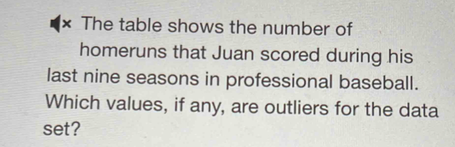 × The table shows the number of 
homeruns that Juan scored during his 
last nine seasons in professional baseball. 
Which values, if any, are outliers for the data 
set?