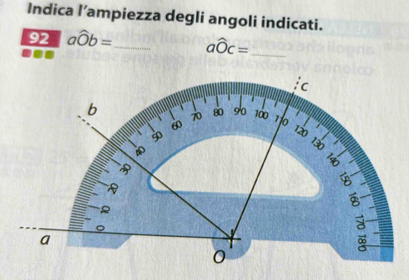 Indica l’ampiezza degli angoli indicati.
92 awidehat Ob= _
_ awidehat Oc=