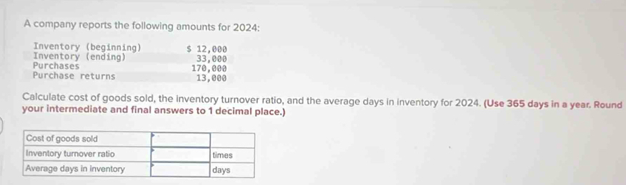 A company reports the following amounts for 2024 : 
Inventory (beginning) $ 12,000
Inventory (ending) 33,000
Purchases 170,000
Purchase returns 13,000
Calculate cost of goods sold, the inventory turnover ratio, and the average days in inventory for 2024. (Use 365 days in a year. Round 
your intermediate and final answers to 1 decimal place.)