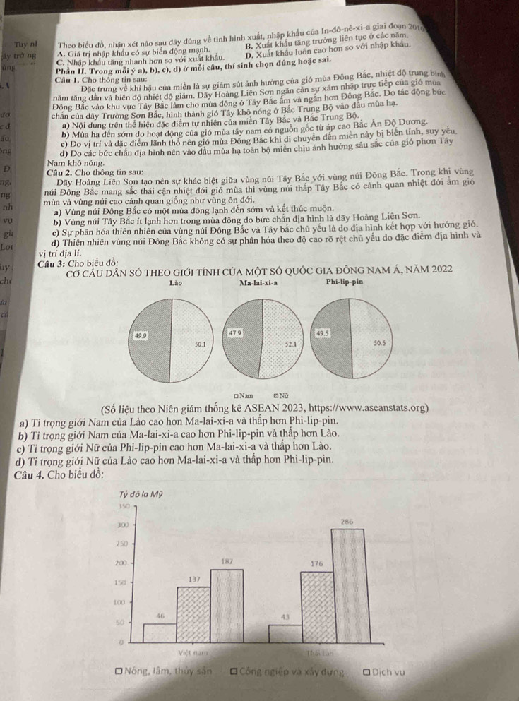 ây trở ng Theo biểu đồ, nhận xét nào sau đây đúng về tình hình xuất, nhập khẩu của In-đô-nê-xi-a giai đoạn 2016
Tuy nl
C. Nhập khẩu tăng nhanh hơn so với xuất khẩu. B. Xuất khẩu tăng trưởng liên tục ở các năm,
D. Xuất khẩu luôn cao hơn so với nhập khẩu,
A. Giá trị nhập khẩu có sự biển động mạnh.
ùng Phần II. Trong mỗi ý a), b), c), d) ở mỗi câu, thí sinh chọn đúng hoặc sai.
Đặc trưng về khí hậu của miền là sự giảm sút ảnh hưởng của gió mùa Đông Bắc, nhiệt độ trung bình
.  Câu 1. Cho thông tin sau:
năm tăng dần và biên độ nhiệt độ giám. Dãy Hoàng Liên Sơn ngăn cản sự xâm nhập trực tiếp của gió mùa
dσ Đông Bắc vào khu vực Tây Bắc làm cho mùa đông ở Tây Bắc âm và ngăn hơn Đông Bắc. Do tác động bức
c d chấn của dãy Trường Sơn Bắc, hình thành gió Tây khô nóng ở Bắc Trung Bộ vào đầu mùa hạ.
a) Nội dung trên thể hiện đặc điểm tự nhiên của miền Tây Bắc và Bắc Trung Bộ.
ấu b) Mùa ha đến sớm do hoạt động của gió mùa tây nam có nguồn gốc từ áp cao Bắc Ấn Độ Dương.
c) Do vị trí và đặc điểm lãnh thổ nên gió mùa Đông Bắc khi di chuyển đến miền này bị biên tỉnh, suy yếu.
ng d) Do các bức chắn địa hình nên vào dầu mùa hạ toàn bộ miên chịu ảnh hưởng sâu sắc của gió phơn Tây
Nam khô nóng.
D  Câu 2. Cho thông tin sau:
ng. Dãy Hoàng Liên Sợn tạo nên sự khác biệt giữa vùng núi Tây Bắc với vùng núi Đông Bắc. Trong khị vùng
ng núi Đông Bắc mang sắc thái cận nhiệt đới gió mùa thì vùng núi tháp Tây Bắc có cảnh quan nhiệt đới âm giớ
nh mùa và vùng núi cao cảnh quan giống như vùng ôn đới.
a) Vùng núi Đông Bắc có một mùa đông lạnh đến sớm và kết thúc muộn.
vụ b) Vùng núi Tây Bắc ít lạnh hơn trong mùa đông do bức chấn địa hình là dãy Hoàng Liên Sơn.
gi c) Sự phân hóa thiên nhiên của vùng núi Đông Bắc và Tây bắc chủ yếu là do địa hình kết hợp với hướng gió.
Lo1 d) Thiên nhiên vùng núi Đông Bắc không có sự phân hóa theo độ cao rõ rệt chủ yếu do đặc điểm địa hình và
vị trí địa lí.
uy .  Câu 3: Cho biểu đồ:
ch( Cơ CÁU DÂN SÓ tHEO GIỚI tÍnH Của một SÓ QUỐC GIA đỒNG nAM Á, năm 2022
Lào Ma-lai-xi-a Phi-lip-pin
ia
a
47.9 49.5
49.9 50.1
52.1 50.5
□ Nam ■ Nữ
(Số liệu theo Niên giám thống kê ASEAN 2023, https://www.aseanstats.org)
a) Ti trọng giới Nam của Lào cao hơn Ma-lai-xi-a và thấp hơn Phi-lip-pin.
b) Tỉ trọng giới Nam của Ma-lai-xi-a cao hơn Phi-lip-pin và thấp hơn Lào.
c) Tỉ trọng giới Nữ của Phi-lip-pin cao hơn Ma-lai-xi-a và thấp hơn Lào.
d) Ti trọng giới Nữ của Lào cao hơn Ma-lai-xi-a và thấp hơn Phi-lip-pin.
Câu 4. Cho biểu đồ:
Nông, lâm, thủy sản * Công ngiệp và xảy dựng  Dịch vu