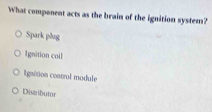 What component acts as the brain of the ignition system?
Spark plug
Ignition coil
Ignition control module
Distributor