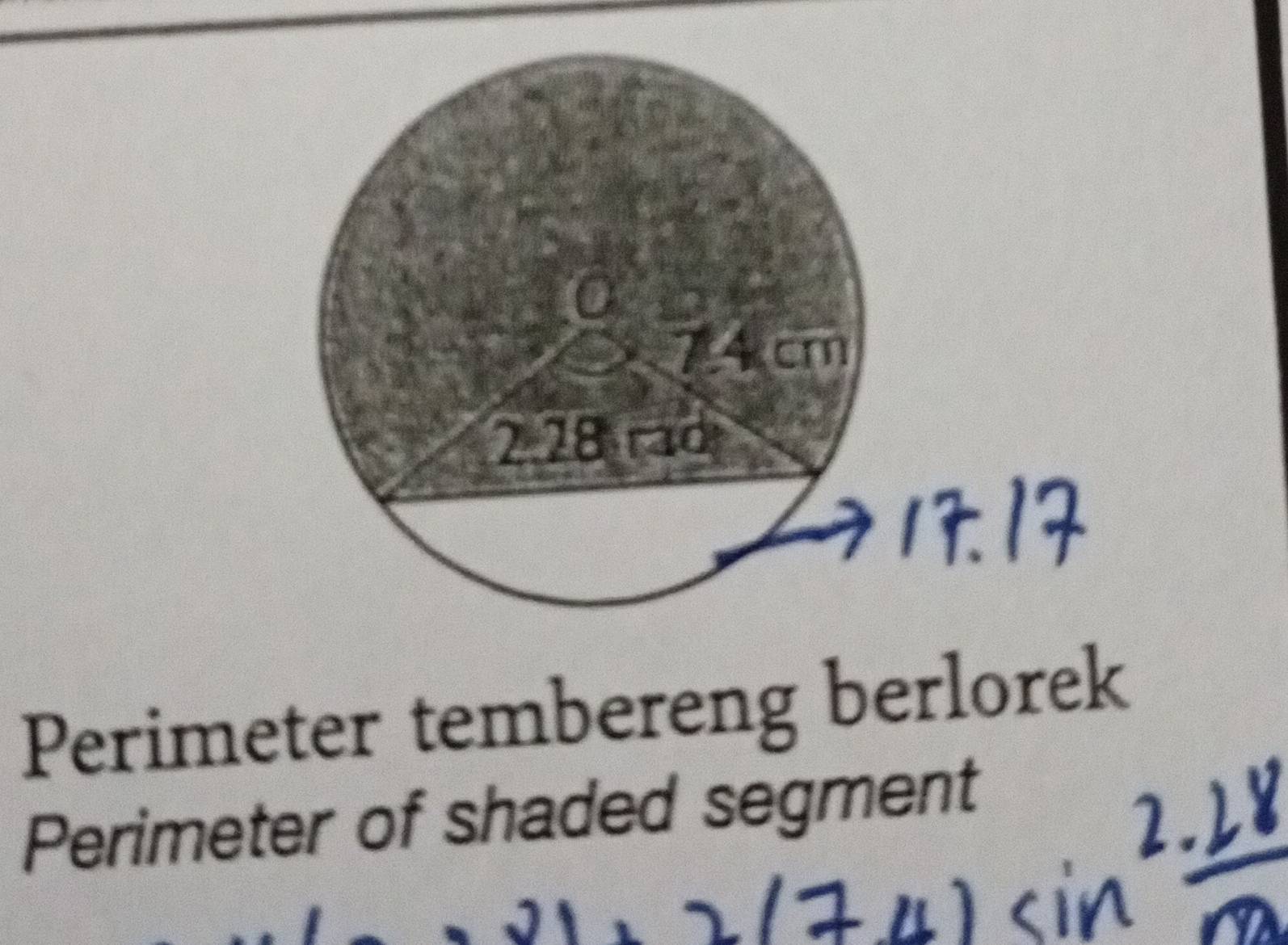 Perimeter tembereng berlorek 
Perimeter of shaded segment