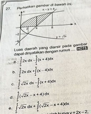 gambar di bawah ini.
Luas daerah yang diarsbar
dapat dinyatakan dengan rumus .... [Os
6160
sl6b8 ∈tlimits _0^(62xdx-∈tlimits _frac 8xdx)^ 3/2 (x+4)dx
b.
C. ∈tlimits _0^(8sqrt 2x)dx-∈tlimits _4^(8(x+4)dx
d. ∈tlimits _0^8(sqrt 2x)-x+4)dx
e. ∈tlimits _0^(4sqrt 2x)dx+∈tlimits _4^(8(sqrt 2x)-x+4)dx
v=2x-2,