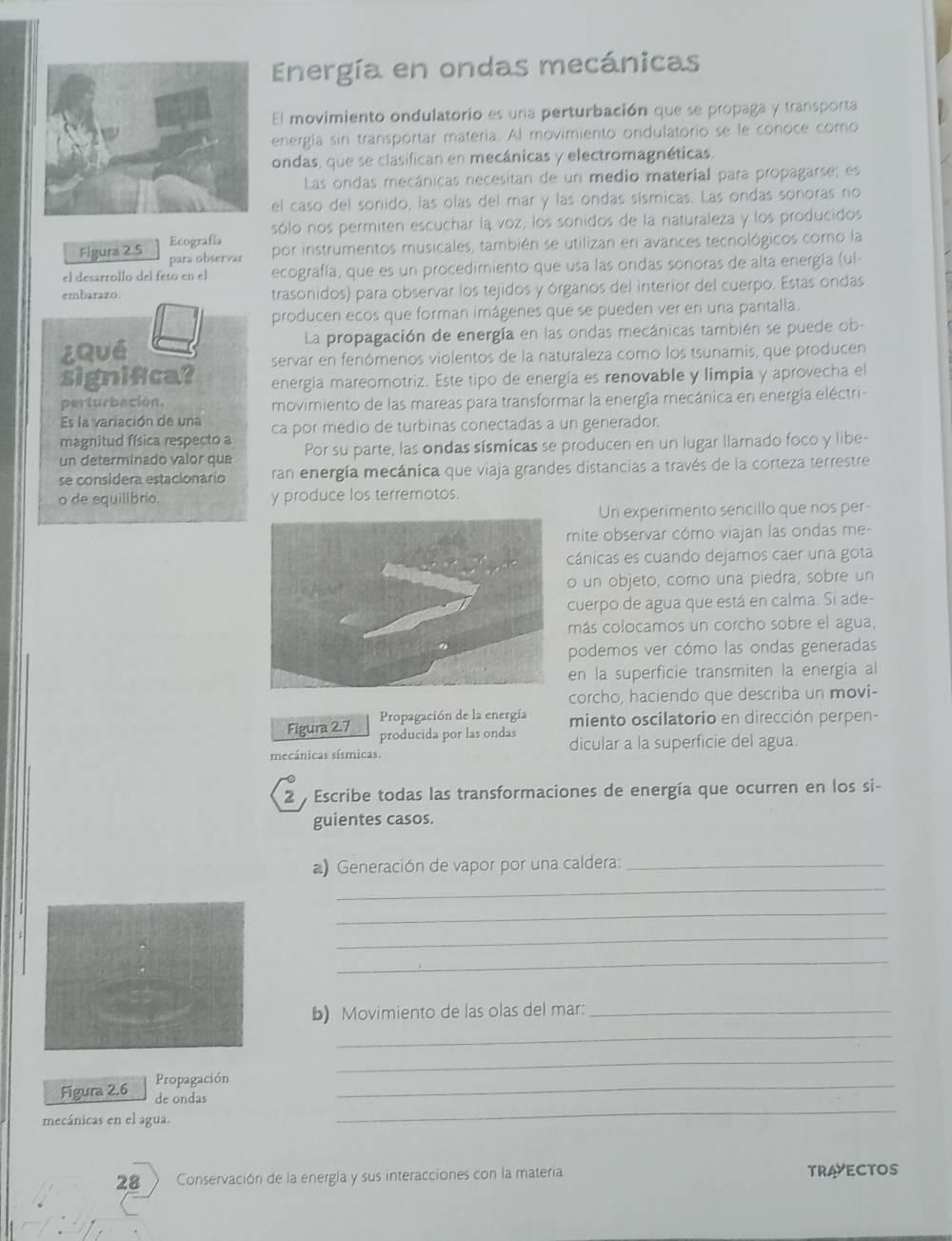 Energía en ondas mecánicas
El movimiento ondulatorio es una perturbación que se propaga y transporta
energía sin transportar matería. Al movimiento ondulatorio se le conoce como
ondas, que se clasifican en mecánicas y electromagnéticas.
Las ondas mecánicas necesitan de un medio material para propagarse; es
el caso del sonido, las olas del mar y las ondas sísmicas. Las ondas sonoras no
Ecografía sólo nos permiten escuchar la voz, los sonidos de la naturaleza y los producidos
Figura 2.5 para observar por instrumentos musicales, también se utilizan en avances tecnológicos como la
el desarrollo del feto en el ecografía, que es un procedimiento que usa las ondas sonoras de alta energía (ul-
embarazo. trasonidos) para observar los tejidos y órganos del interior del cuerpo. Estas ondas
producen ecos que forman imágenes que se pueden ver en una pantalla.
¿Qué La propagación de energía en las ondas mecánicas también se puede ob-
servar en fenómenos violentos de la naturaleza como los tsunamis, que producen
signifca? energía mareomotriz. Este tipo de energía es renovable y limpía y aprovecha el
perturbación. movimiento de las mareas para transformar la energía mecánica en energía eléctri-
Es la variación de una
magnitud física respecto a ca por medio de turbinas conectadas a un generador.
un determinado valor que Por su parte, las ondas sísmicas se producen en un lugar llarnado foco y libe-
se considera estacionario ran energía mecánica que viaja grandes distancias a través de la corteza terrestre
o de equilíbrio. y produce los terremotos.
Un experimento sencillo que nos per
mite observar cómo viajan las ondas me-
cánicas es cuando dejamos caer una gota
o un objeto, corno una piedra, sobre un
cuerpo de agua que está en calma. Si ade-
más colocamos un corcho sobre el agua,
podemos ver cómo las ondas generadas
en la superficie transmiten la energía al
corcho, haciendo que describa un movi-
Propagación de la energía miento oscilatorio en dirección perpen-
Figura 2.7 producida por las ondas
mecânicas sísmicas. dicular a la superficie del agua.
2 Escribe todas las transformaciones de energía que ocurren en los si-
guientes casos.
a) Generación de vapor por una caldera:_
_
_
_
_
b) Movimiento de las olas del mar:_
_
_
Figura 2.6 Propagación_
de ondas
mecánicas en el agua.
_
28 Conservación de la energía y sus interacciones con la matería TRAVECTOS