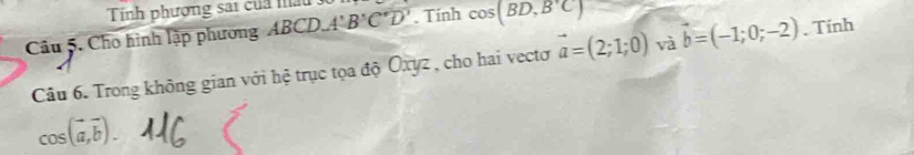 Tính phương sai của mâu 
Câu 5. Cho hình lập phương ABCD. A' B'C'D'. Tính cos (BD,B'C)
Câu 6. Trong không gian với hệ trục tọa độ Oxyz , cho hai vectơ vector a=(2;1;0) và vector b=(-1;0;-2). Tinh
cos (vector a,vector b).