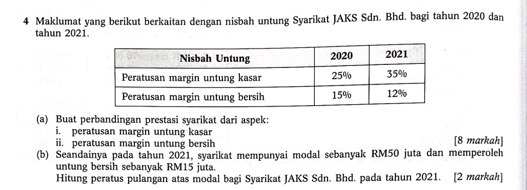 Maklumat yang berikut berkaitan dengan nisbah untung Syarikat JAKS Sdn. Bhd. bagi tahun 2020 dan 
tahun 2021. 
(a) Buat perbandingan prestasi syarikat dari aspek: 
i. peratusan margin untung kasar 
ii. peratusan margin untung bersih [8 markah] 
(b) Seandainya pada tahun 2021, syarikat mempunyai modal sebanyak RM50 juta dan memperoleh 
untung bersih sebanyak RM15 juta. 
Hitung peratus pulangan atas modal bagi Syarikat JAKS Sdn. Bhd. pada tahun 2021. [2 markah]