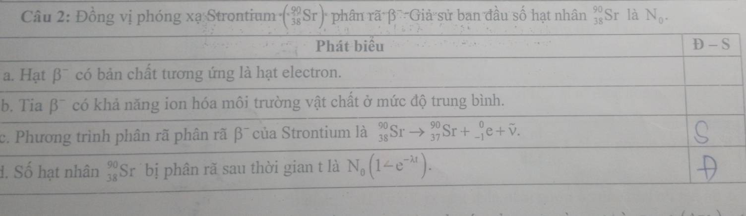 Đồng vị phóng xạ Strontium =( 90/38 ST) phân rã β Giả sử ban đầu số hạt nhân _(38)^(90)Sr là N_0.
a
b
c
d.