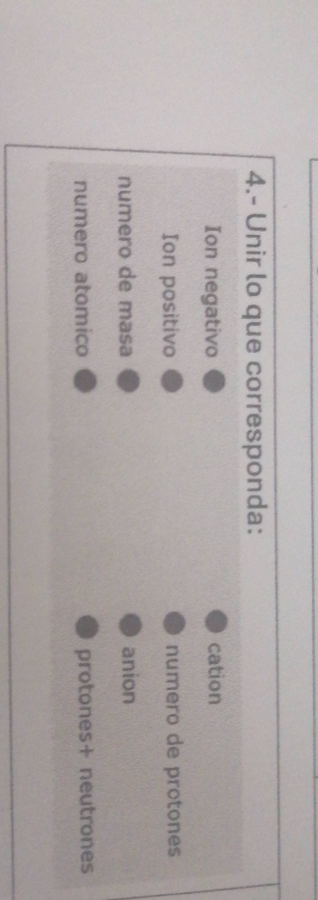 4.- Unir lo que corresponda:
Ion negativo cation
Ion positivo numero de protones
numero de masa anion
numero atomico protones+ neutrones