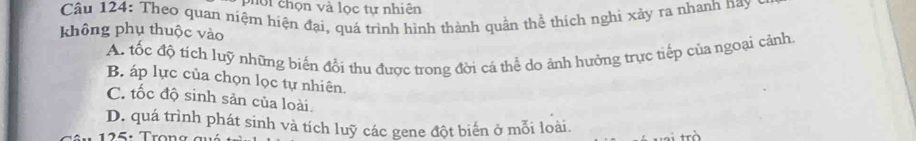 phối chọn và lọc tự nhiên
Câu 124: Theo quan niệm hiện đại, quá trình hình thành quần thể thích nghi xảy ra nhanh hay
không phụ thuộc vào
A. tốc độ tích luỹ những biến đổi thu được trong đời cá thể do ảnh hưởng trực tiếp của ngoại cảnh,
B. áp lực của chọn lọc tự nhiên.
C. tốc độ sinh sản của loài.
D. quá trình phát sinh và tích luỹ các gene đột biển ở mỗi loài.