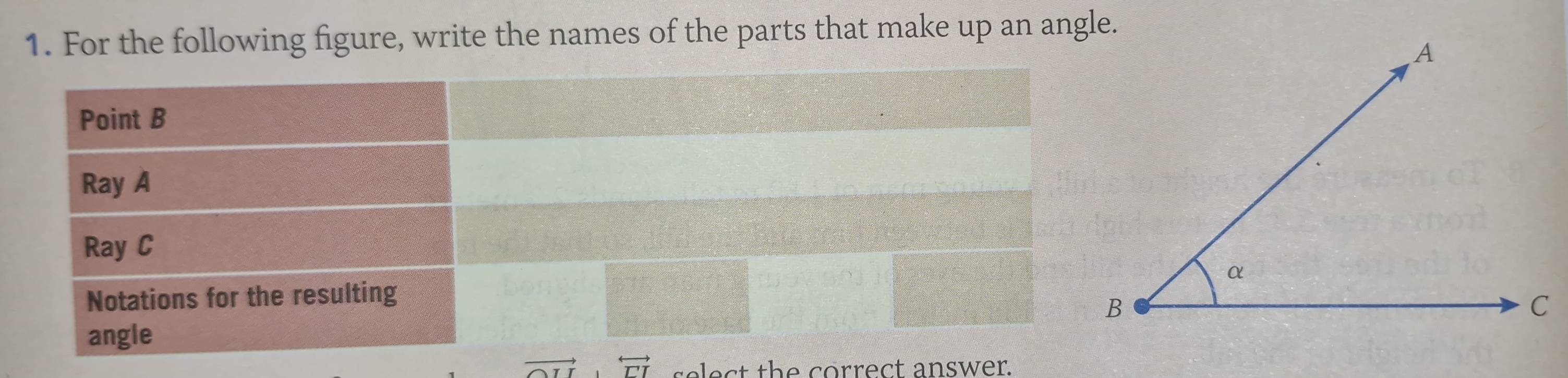 For the following figure, write the names of the parts that make up an angle.
vector rightarrow overleftrightarrow TI lect the correct answer.