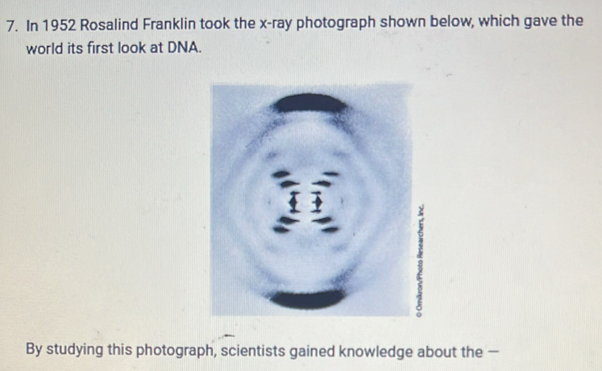 In 1952 Rosalind Franklin took the x -ray photograph shown below, which gave the 
world its first look at DNA. 
By studying this photograph, scientists gained knowledge about the