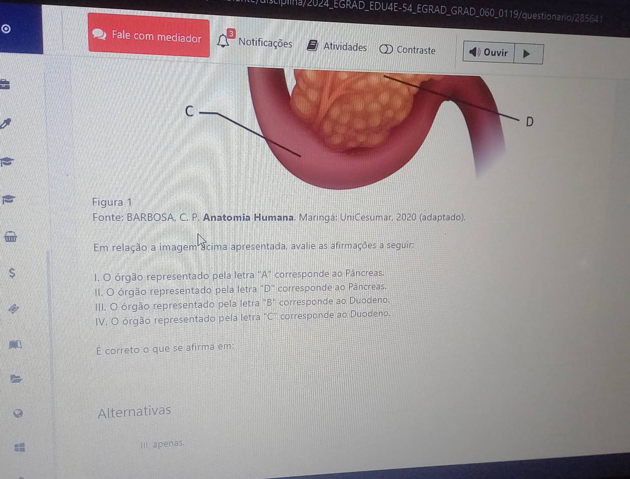 sciplina/2024_EGRAD_EDU4E-54_EGRAD_GRAD_060_0119/questionario/285641
Fale com mediador Notificações Atividades Contraste Ouvir
Figura 1
Fonte: BARBOSA, C. P. Anatomia Humana. Maringá: UniCesumar, 2020 (adaptado).
Em relação a imagem acima apresentada, avalie as afirmações a seguir:
S
I. O órgão representado pela letra "A" corresponde ao Pâncreas.
II, O órgão representado pela letra "D" corresponde ao Pâncreas.
III. O órgão representado pela letra "B" corresponde ao Duodeno.
IV, O órgão representado pela letra "C" corresponde ao Duodeno.
É correto o que se afirma em:
Alternativas
III, apenas.