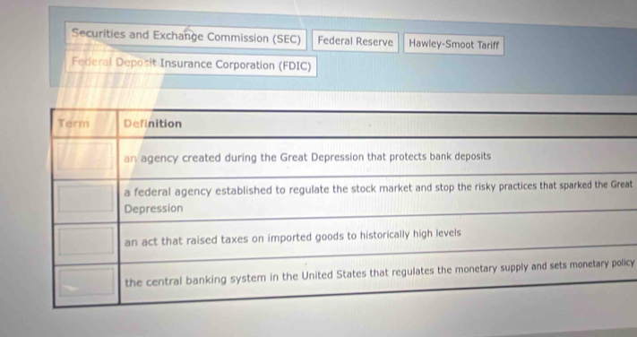 Securities and Exchange Commission (SEC) Federal Reserve Hawley-Smoot Tariff 
Federal Deposit Insurance Corporation (FDIC) 
at 
icy