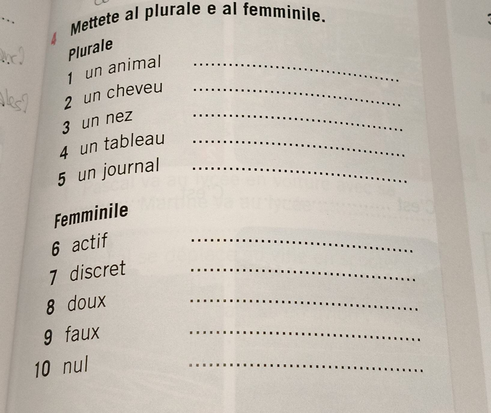 Mettete al plurale e al femminile. 
Plurale 
1 un animal_ 
2 un cheveu_ 
3 un nez_ 
4 un tableau_ 
5 un journal_ 
Femminile 
6 actif 
_ 
7 discret_ 
8 doux 
_ 
9 faux 
_ 
10 nul 
_