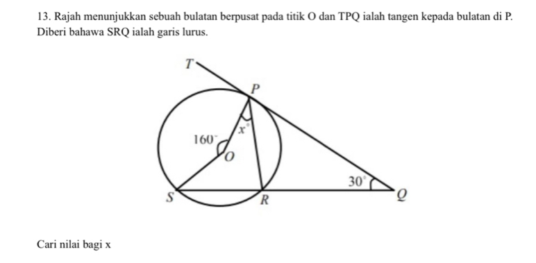 Rajah menunjukkan sebuah bulatan berpusat pada titik O dan TPQ ialah tangen kepada bulatan di P.
Diberi bahawa SRQ ialah garis lurus.
Cari nilai bagi x