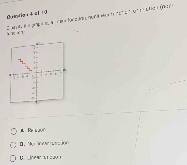 Classify the graph as a linear function, nonlinear function, or relation (non-
function).
A. Relation
B. Nonlinear function
C. Linear function