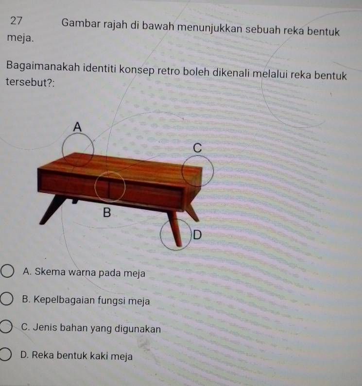 Gambar rajah di bawah menunjukkan sebuah reka bentuk
meja.
Bagaimanakah identiti konsep retro boleh dikenali melalui reka bentuk
tersebut?:
A. Skema warna pada meja
B. Kepelbagaian fungsi meja
C. Jenis bahan yang digunakan
D. Reka bentuk kaki meja