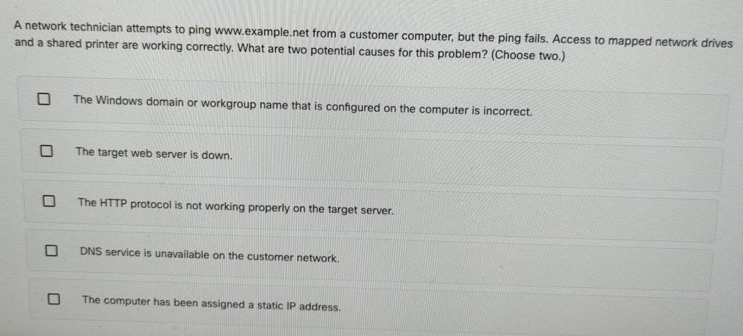 Solved: A network technician attempts to ping www.example.net from a ...