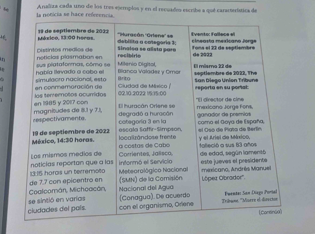 se Analiza cada uno de los tres ejemplos y en el recuadro escribe a qué característica de
la noticia se hace referenc
16,
in
te