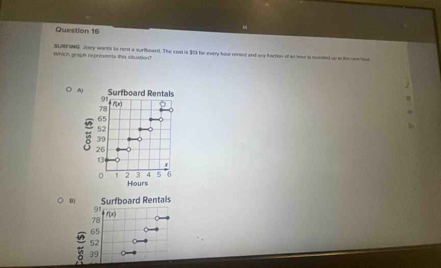 SURFING Joey wants to rent a surfboard. The cost is $13 for every hour rented and any fraction of an hour is rounded up to the next hour.
Which graph represents this situation?
B) Surfboard Rentals
91
f(x)
78
65
52
t 39
C