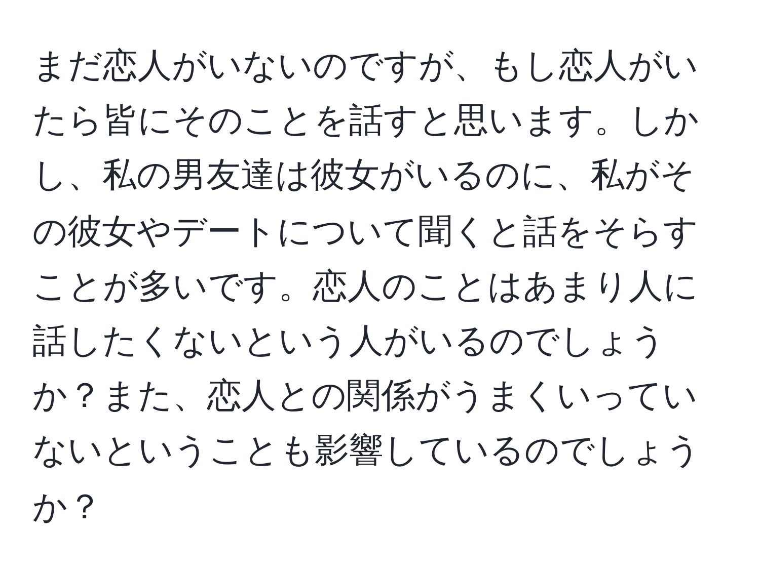 まだ恋人がいないのですが、もし恋人がいたら皆にそのことを話すと思います。しかし、私の男友達は彼女がいるのに、私がその彼女やデートについて聞くと話をそらすことが多いです。恋人のことはあまり人に話したくないという人がいるのでしょうか？また、恋人との関係がうまくいっていないということも影響しているのでしょうか？