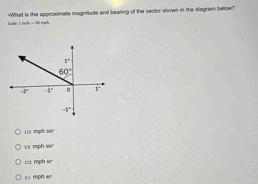 =What is the approximate magnitude and bearing of the vector shown in the diagram below?
cale: 1ir ch =50mph
112 mph 300°
2.5 mph 300°
112 mph 60°
2.1 mph 60°