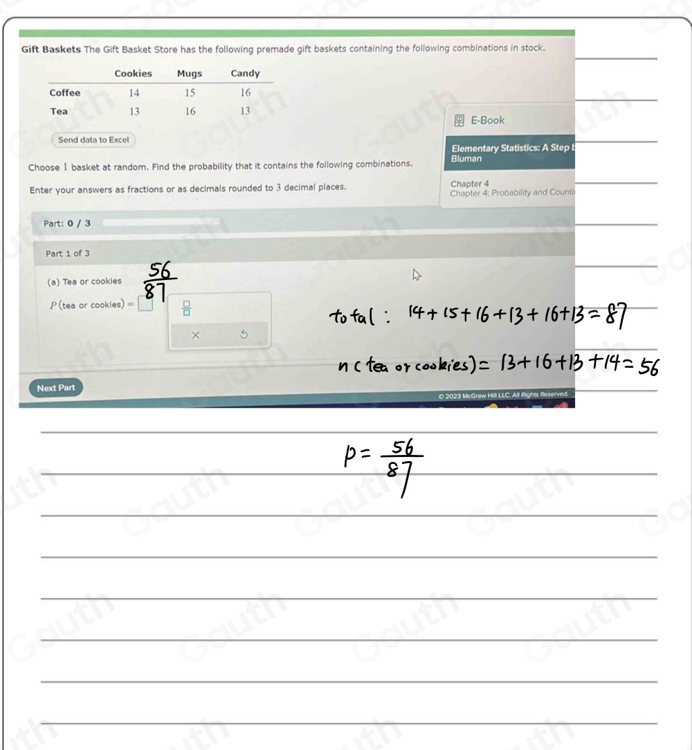 Gift Baskets The Gift Basket Store has the following premade gift baskets containing the following combinations in stock. 
E-Book 
Send data to Excel 
Elementary Statistics: A Step 
Choose 1 basket at random. Find the probability that it contains the following combinations. Bluman 
Enter your answers as fractions or as decimals rounded to 3 decimal places. Chapter 4 
Chapter 4: Probability and Counti 
Part: 0 / 3 
Part 1 of 3 
(a) Tea or cookies 
P (tea or cookies) =  □ /□   beginarrayr □  * 5 endarray
Next Part 
© 2023 McGrav Hill LLC. All Rights Reserved 
Table 1: []