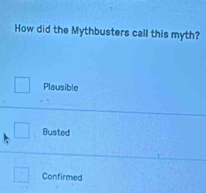 How did the Mythbusters call this myth?
Plausible
Busted
Confirmed