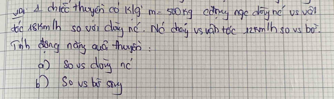 va chieo thoyeh cǒ kg m=500kg cony nge dog ne us vá
do0 A81m h so vói dog né. No chay us uán toc jzxmth so vs bo
Tinh dong nang aud thuyeò:
() so ys dog nó
b) So vs bs sang