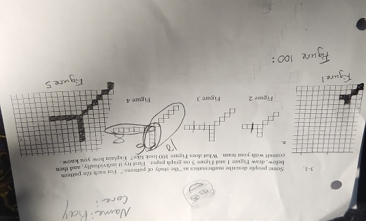 3-1. Some people describe mathematics as “the study of patterns.” For each tile pattern 
below, draw Figure 1 and Figure 5 on graph paper. First try it individually, and then 
ok like? Explain how you know