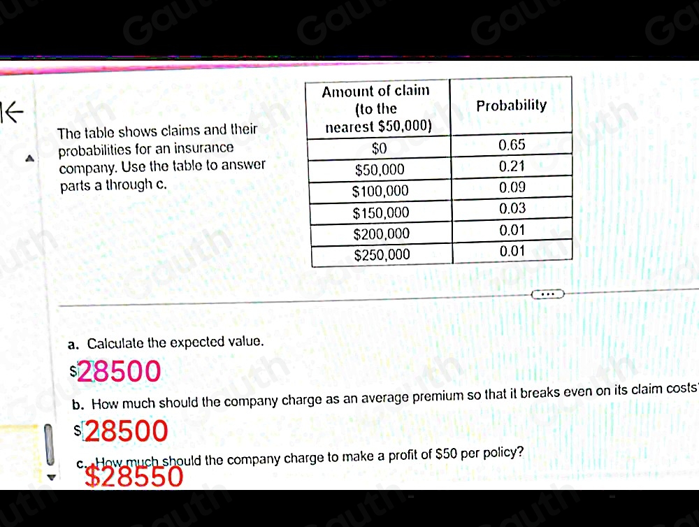 Solved: The table shows claims and their probabilities for an insurance ...