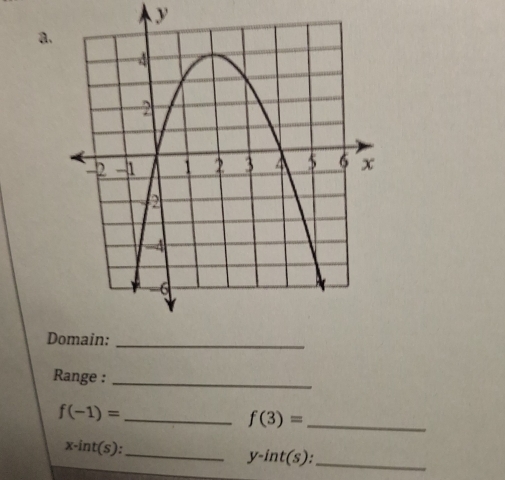 y
a. 
D 
Range :_ 
_ f(-1)=
_ f(3)=
x-int(s) : _ 
_ y-int(s) :