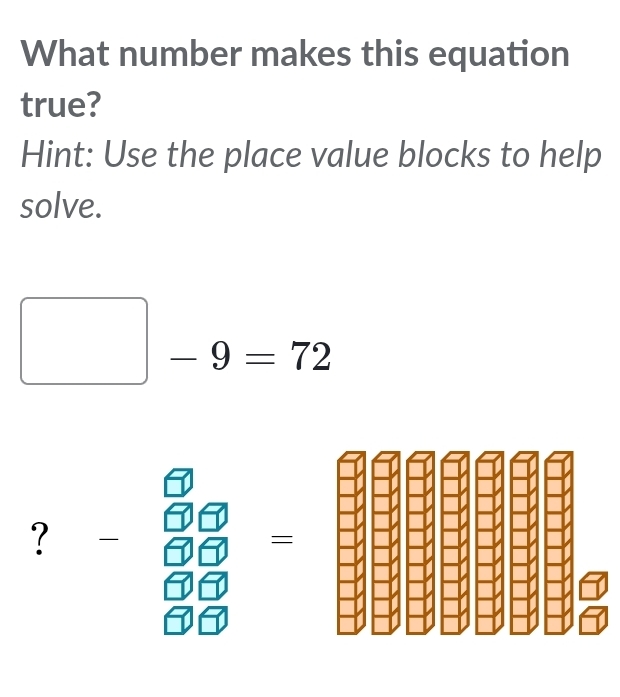 What number makes this equation 
true? 
Hint: Use the place value blocks to help 
solve.
□ -9=72
? beginarrayr 69 -66 hline 69 9 96 6=