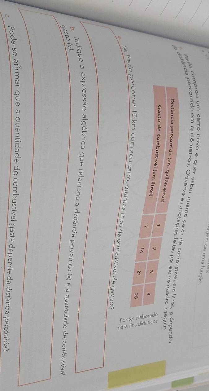 lagem de uma função. 
Paulo comprou um carro novo e quer saber quanto gpender 
a distância percorrida em quilômetros. Observira 
Se Pauquantos litros de combustível ele gastará? 
b. Indique a expressão algébrica que relaciona a distância percorrida (x) e a quantidade de combustível 
gasto (y). 
Pode-se afirmar que a quantidade de combustível gasta depende da distância percorrida?