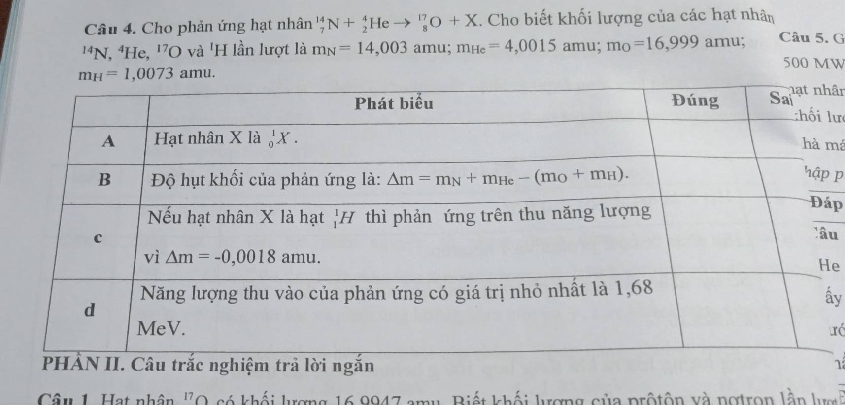 Cho phản ứng hạt nhân _7^((14)N+_2^4Heto _8^(17)O+X. Cho biết khối lượng của các hạt nhân
^14)N,^4He,^17O và 'H lần lượt là m_N=14,003amu;m_He=4,0015amu;m_O=16,999 amu; Câu 5. G
500 MW
amu
ân
lư
má
p
p
u
e
y
ưó
1
Câu 1. Hạt nhân ''O có khối lượng 16 9947 amy. Biết khối lượng của prộtôn và ngtron lần lượ