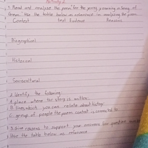 Activity a. 
1. Read and analyzo the poom for the young yearning a song of 
Green. " Use the table below as reference in analyzing the poem 
Context text Evidence Reasons 
Biographical 
Historical 
Sociscultural 
2 ldentify the following : 
A. place where the story is written: 
B. lines which you can relate about history? 
C. group of people the poom content is conmocted to 
3. Give reasons to support your answers for question mnl 
Use the table below as reforence
