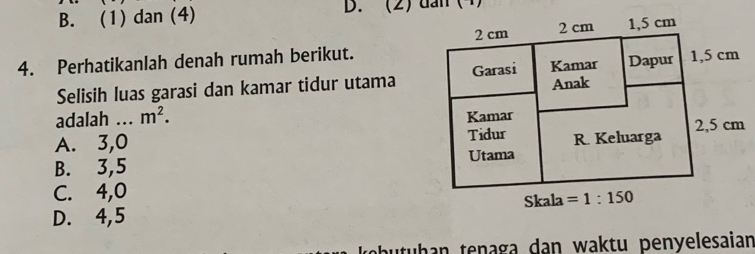 B. (1) dan (4) D. (2) dan (4)
4. Perhatikanlah denah rumah berikut.
Selisih luas garasi dan kamar tidur utama
adalah m^2.
A. 3,0_
B. 3,5
C. 4,0
D. 4,5 
utuhan tenaga dan waktu penyelesaian