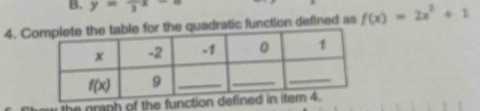 y=frac 3x-8
4. Cothe table for the quadratic function defined as f(x)=2x^2+1
the graph of the function defined in item 4.